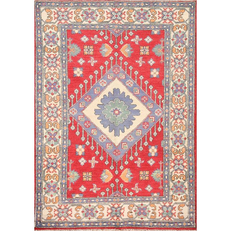 Geometric Kazak Rug Hand-Knotted Traditional Foyer Wool Carpet - 3'4"x 4'10"