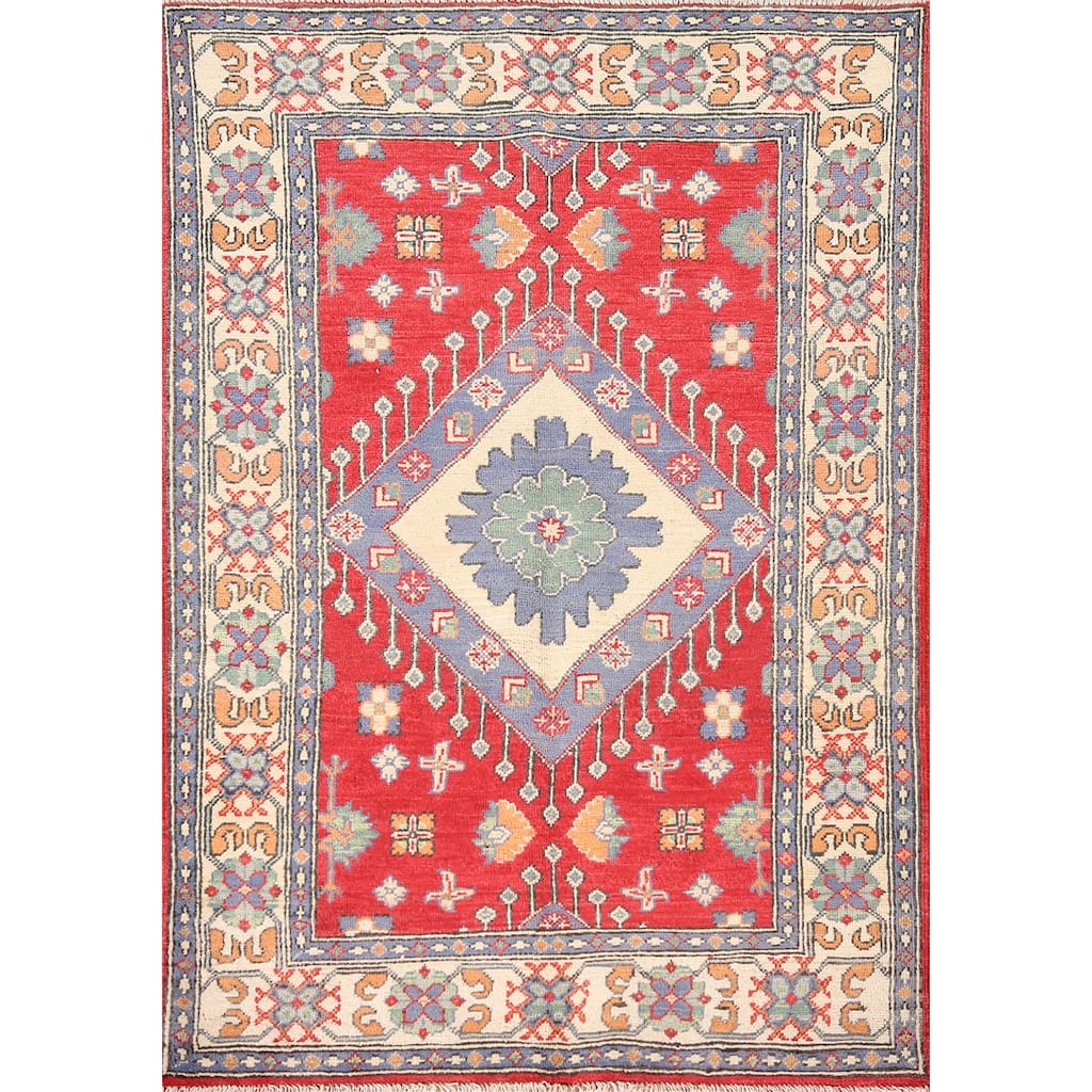 Geometric Kazak Rug Hand-Knotted Traditional Foyer Wool Carpet - 3'4"x 4'10"