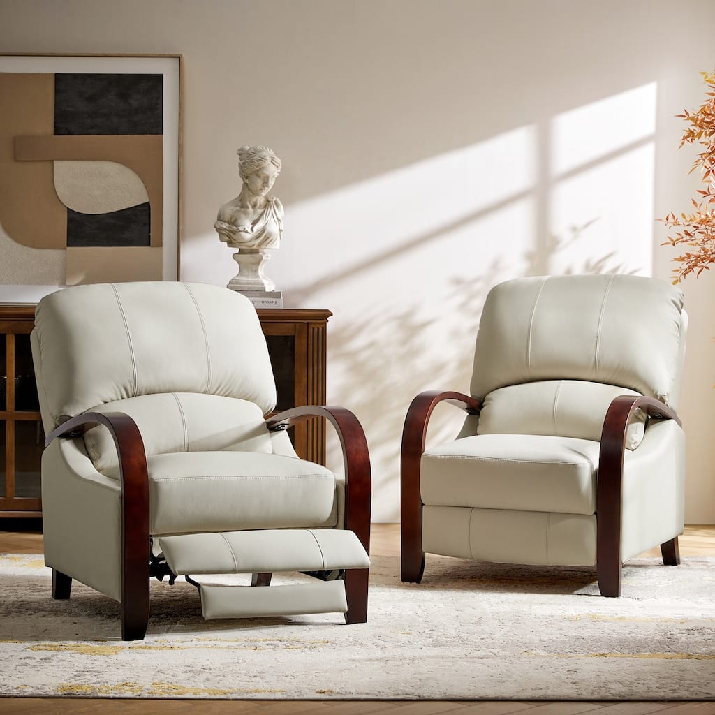 Alex Mid-century Modern Genuine Leather Manual Recliner with Wooden Curved Arms, Set of 2