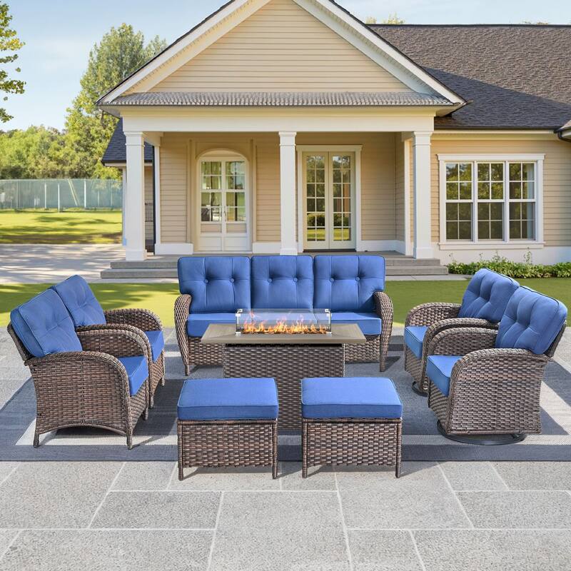 8-Piece Outdoor Sofa Chair with 41" Fire Table - Brown Wicker & Grey Cushion