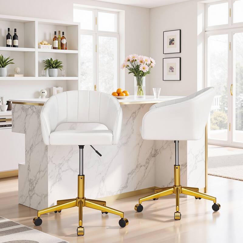 VECELO White Velvet Swivel Accent Chair with Adjustable Height Gold Base 360° Swivel Armchair for Living Room Bedroom Office - Set of 2