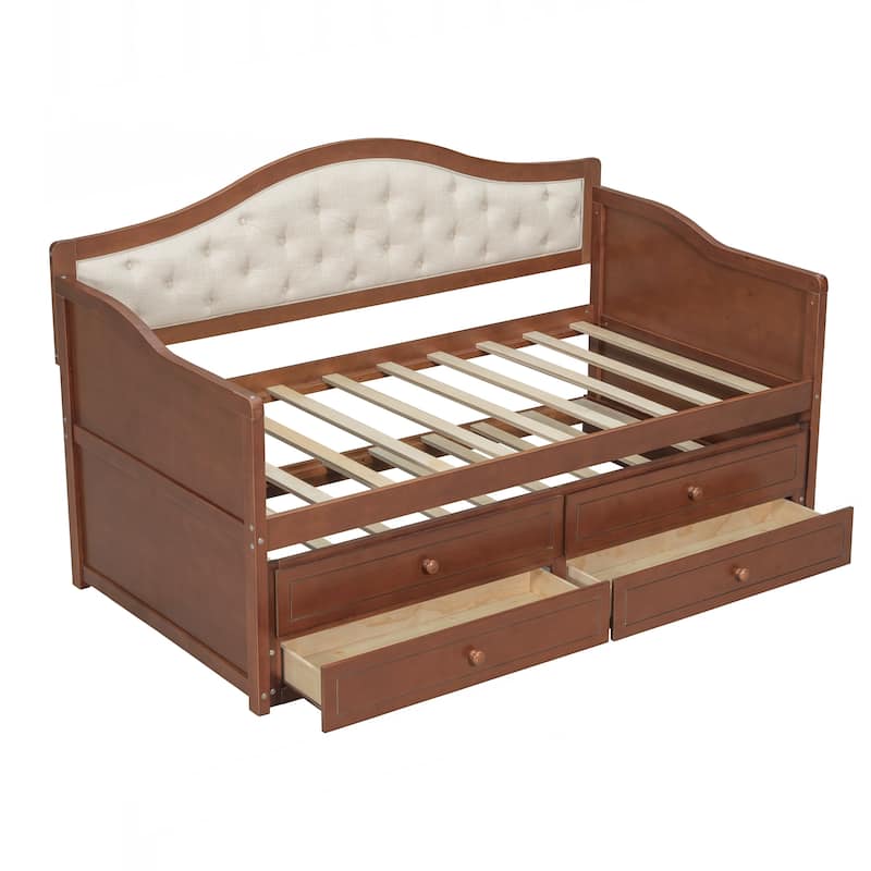 Twin Daybed with Trundle, Twin Size Daybed with 2 Storage Drawers, Wooden Sofa Bed with Upholstered Button Tufted Backrest