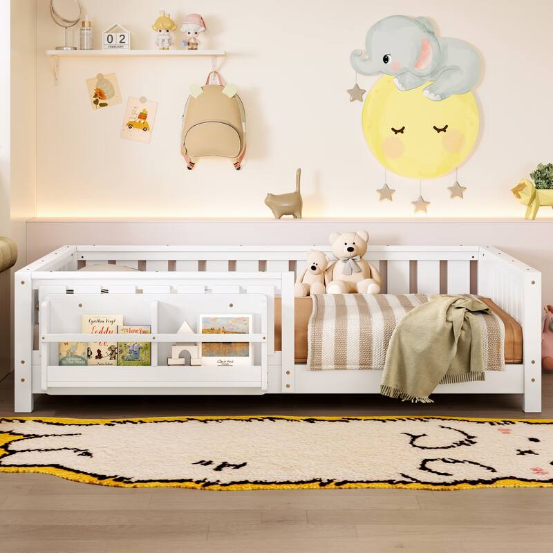 Montessori Floor Bed Low Profile Kids Bed with Rails & Bookshelf