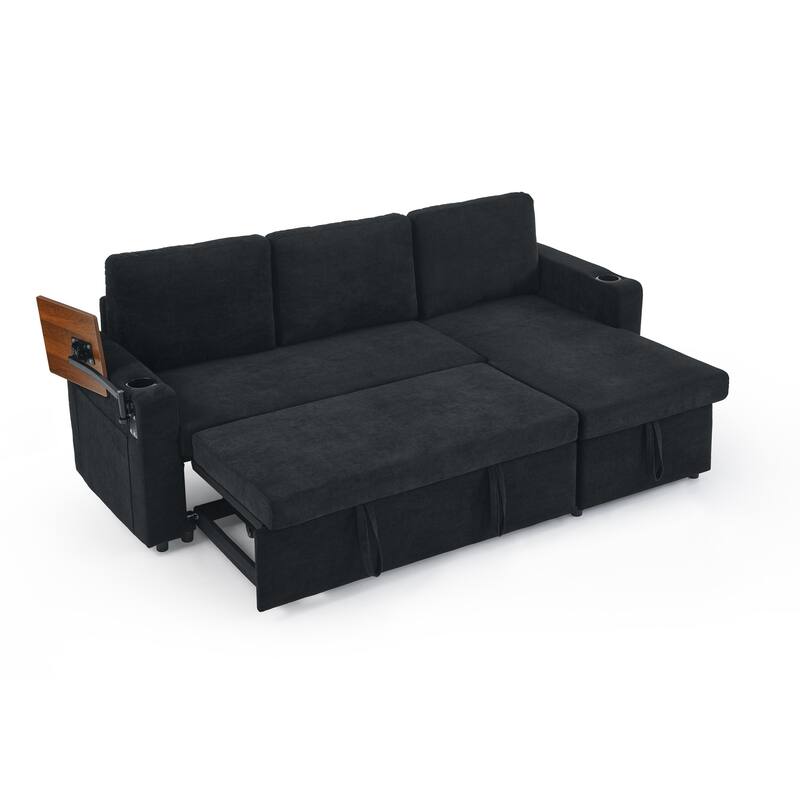 Pull Out Sleeper Sofa Bed Chenille L-shaped Sectional Couch with Storage Chaise, Retractable Table, LED, USB and Cup Holders
