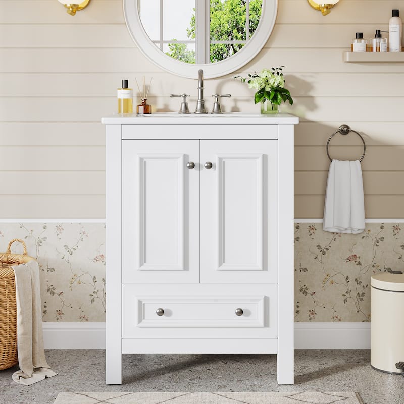 Bathroom Vanity with Sink, Solid Wood Frame Freestanding Vanity with Door Organizer and Drawer