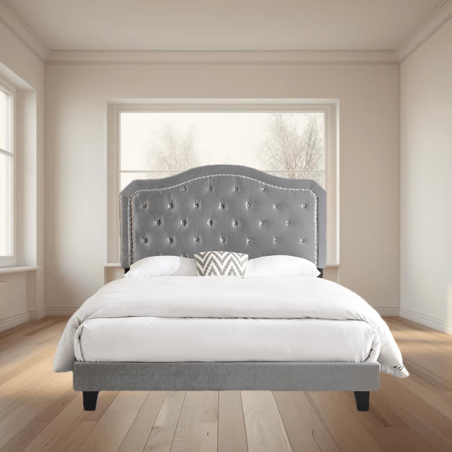 Elegant Upholstered Queen Bed with Button Tufted Curves, LED Lights, and Strong Wooden Slat Support, No Box Spring Needed