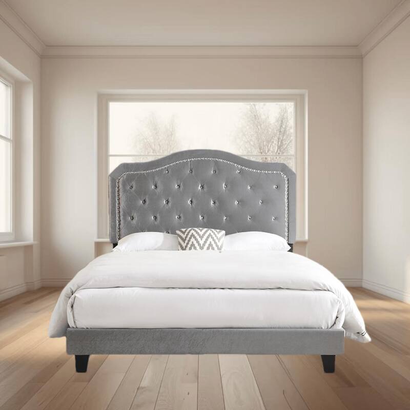 Elegant Upholstered Queen Bed with Button Tufted Curves, LED Lights, and Strong Wooden Slat Support, No Box Spring Needed - Grey - Queen