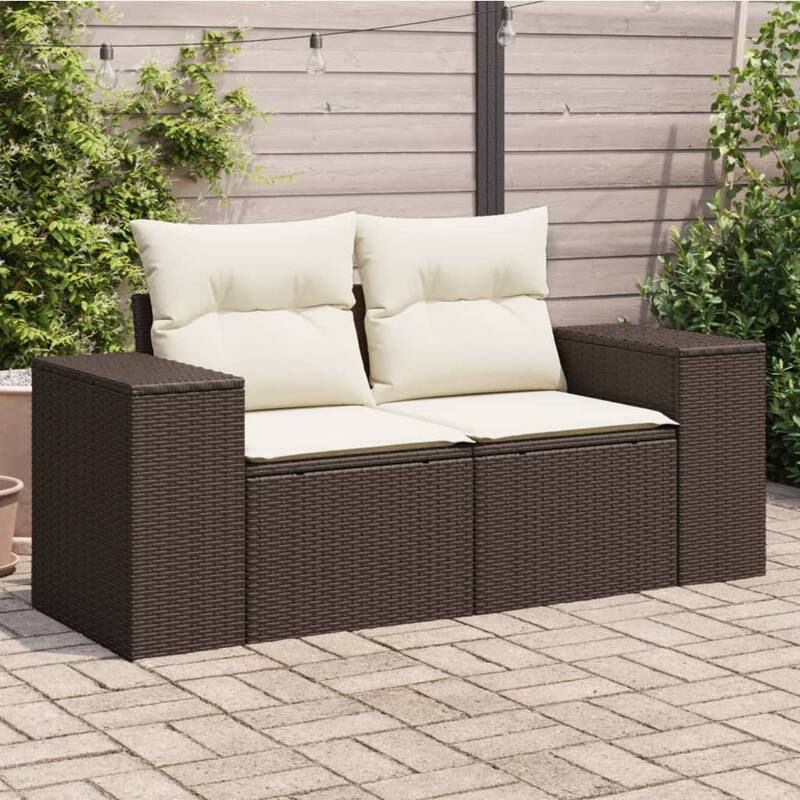 vidaXL Patio Sofa with Cushions 2-Seater Modular Couch Loveseat Poly Rattan - 24.4 x 73.2 x 27.2 in - Brown with storage