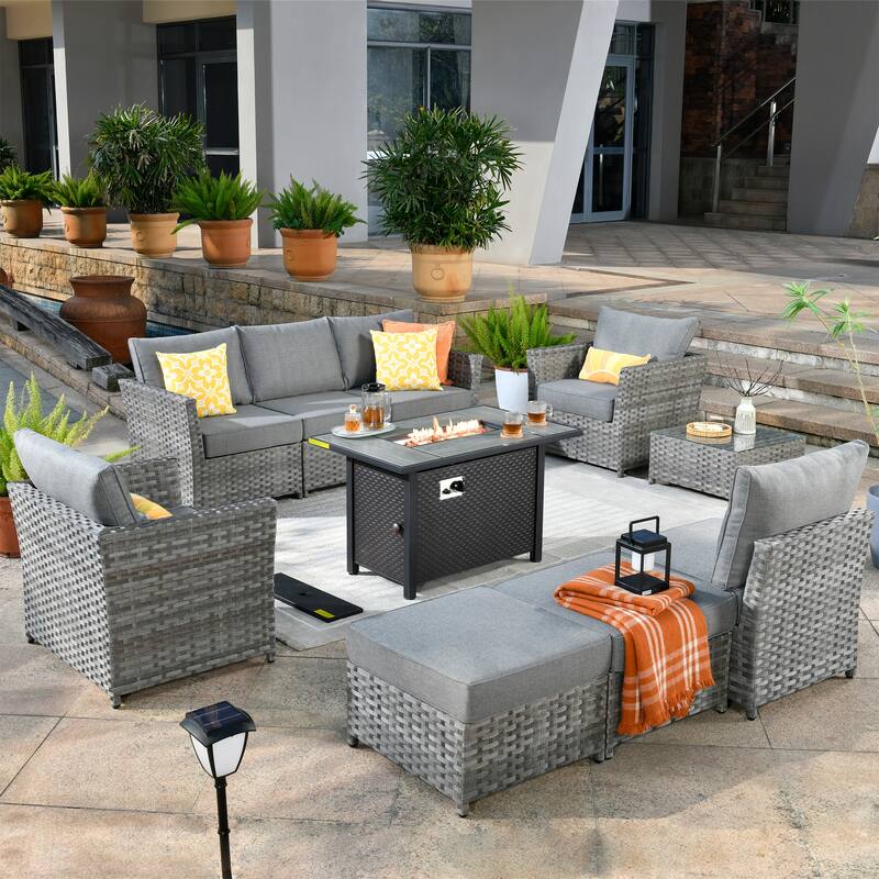 HOOOWOOO 10-piece Wicker Patio Furniture Sectional Set with Steel Fire Pit Table - Dark Grey