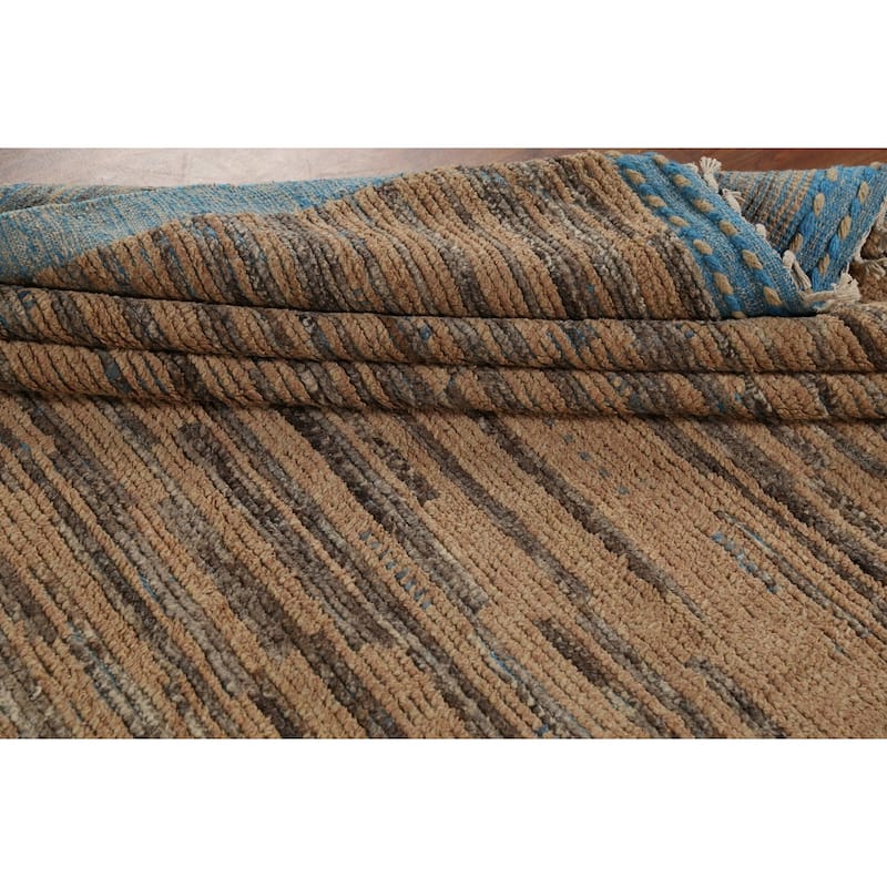 Brown Striped Moroccan Modern Area Rug Hand-Knotted Wool Carpet - 8'9"x 13'0"