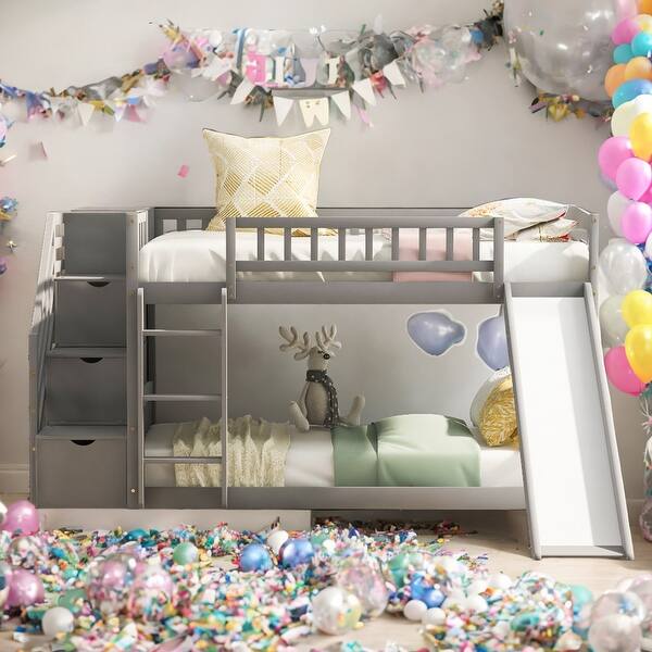 slide 2 of 34, Twin Over Twin Bunk Bed With Two Drawers With Convertible Ladder And Slide For Bedroom Grey