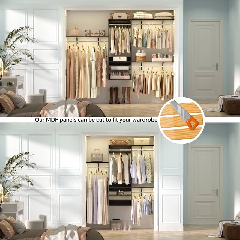 Rackcog 96'' Hanging Closet System with 3 Shelving Towers and 3 Hanging Rods,Wall-Mounted Walk-in Closet Organizer