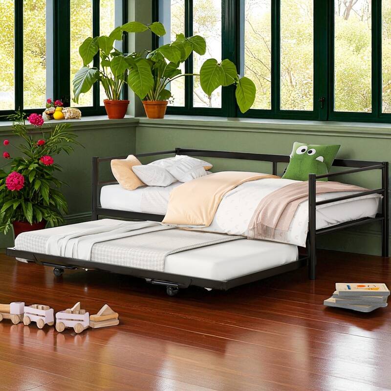Twin Metal Daybed with Adjustable Pop-Up Trundle, No Box Spring Required