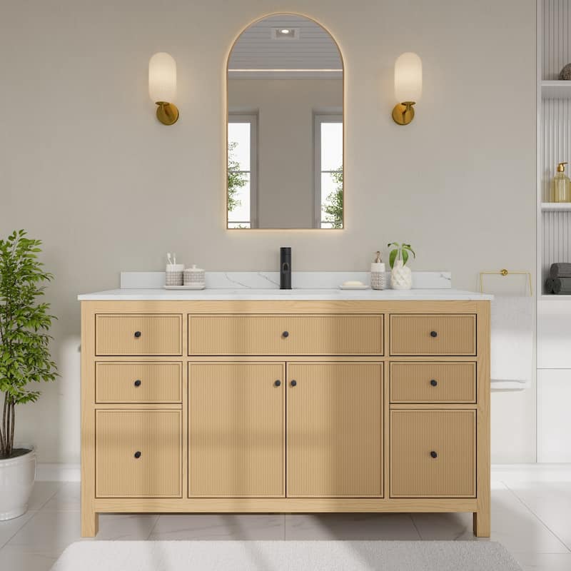 Wyndham Collection WCF9292-60S-QTZ-UNSMXX Pendry 60" Free Standing - Tanned Oak / Giotto Quartz Top / Matte Black