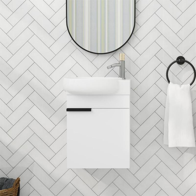 Bathroom Vanity With Sink In 16/18/23 Inch, Floating/Freestanding Bathroom Vanity With Soft Close Door - 16.8"W-Ceramic Sink（Assembly Required） - White
