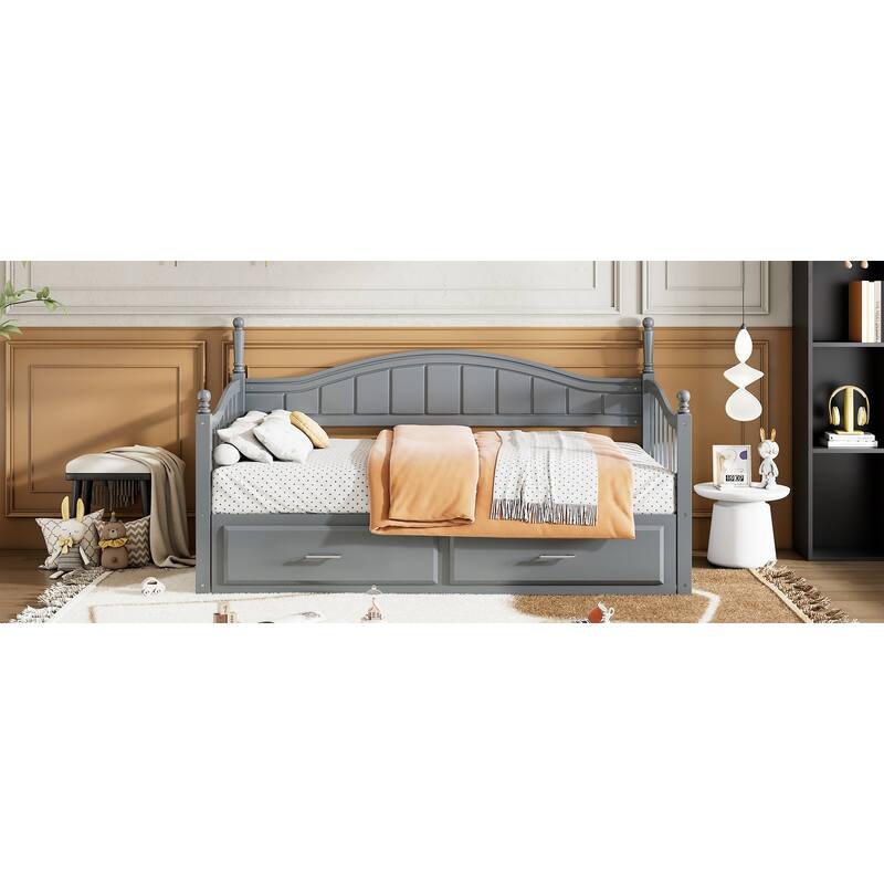 Wooden Twin Size Daybed with Twin Size Trundle, Extendable Daybed with Two Storage Drawers