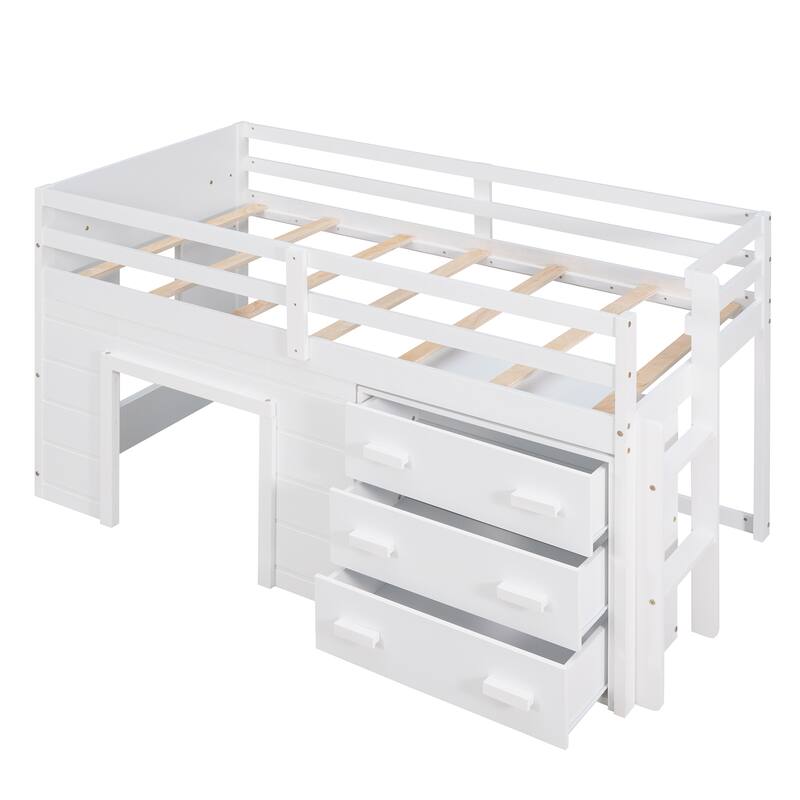 Compact Twin Loft Bed with Cabinet, Shelf, and Storage Drawers in White, Gray, or Espresso