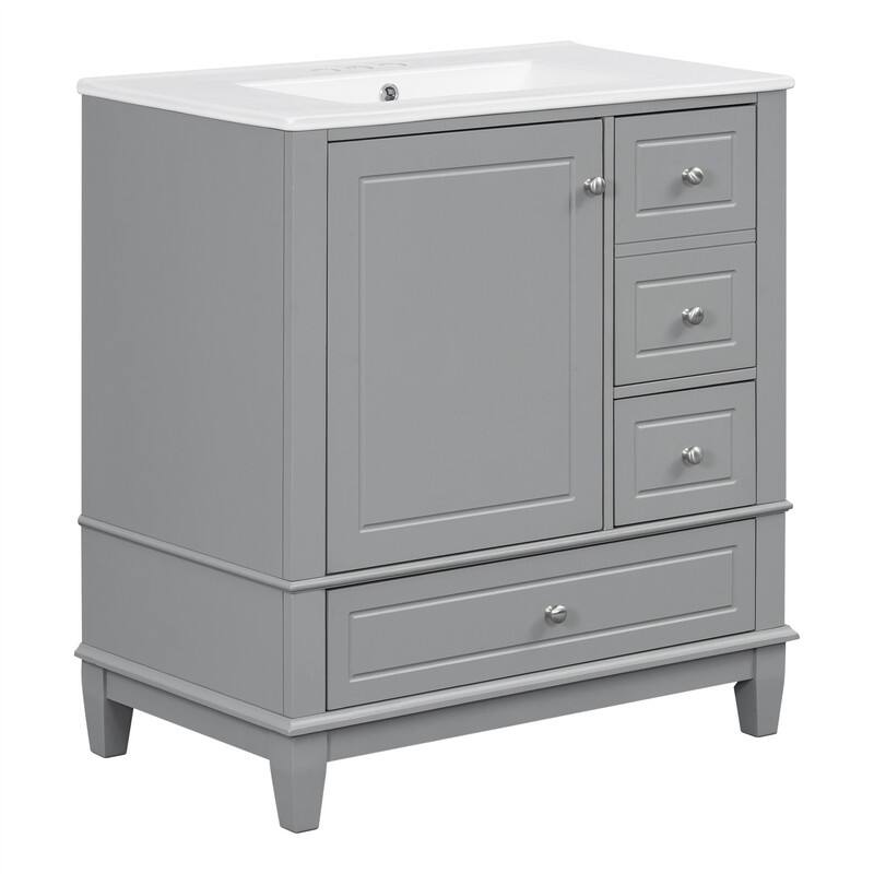 30" Bathroom Vanity with Ceramic Sink, Freestanding Bathroom Vanity Cabinet w/ 3 Storage Drawers, 1 Soft Close Door & Door Shelf