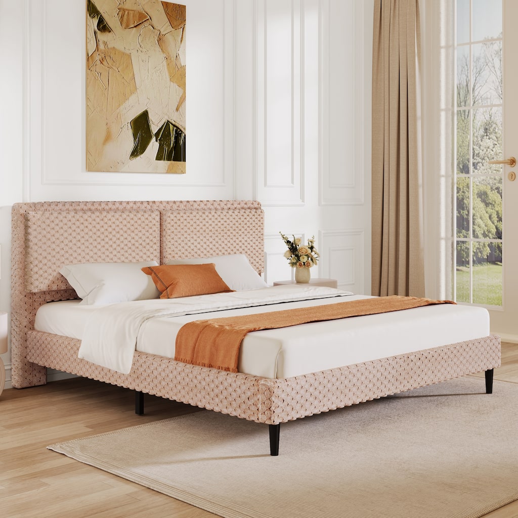 Queen / King Modern Plush Upholstered Bed with Soft Padded Backrest for Comfort