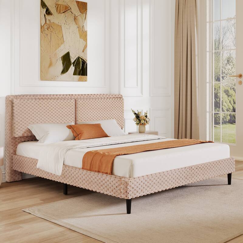 Simple Modern Fabric Platform Bed White Plush Soft Bed with Backrest, Bedroom Upholstered Bed with Metal Brackets