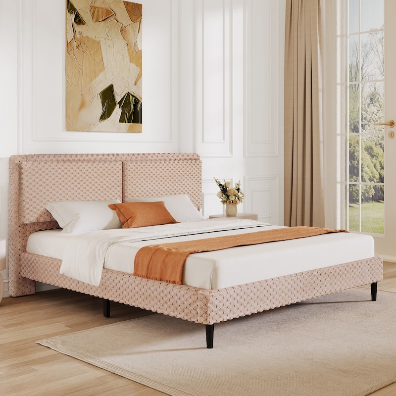 Upholstered Queen Bed with Plush Fabric and Padded Backrest Solid Wood Frame