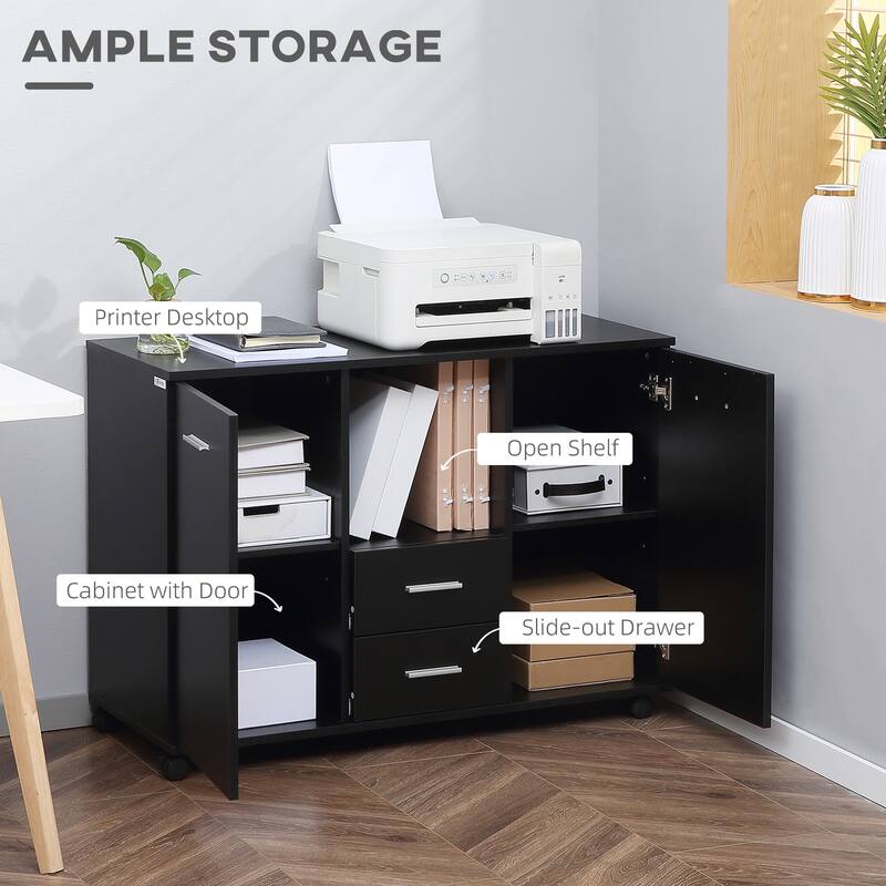 Filing Cabinet with Drawers and Lockable Wheels, Home Office Printer Stand Storage Cabinet with Adjustable Shelves