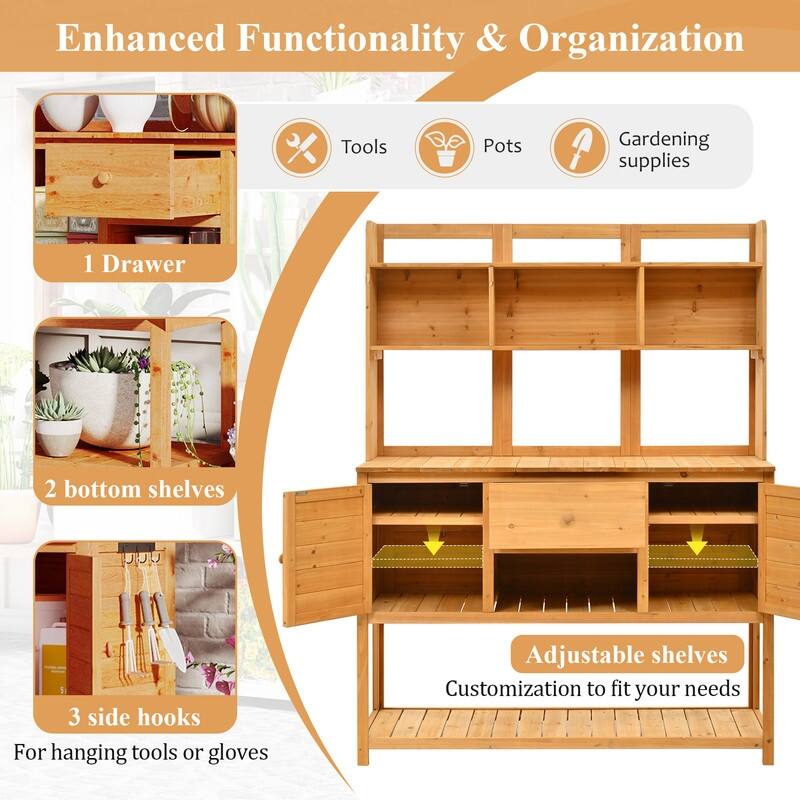 Potting Bench Garden Workstation with Hutch, Drawer & Adjustable Shelves, 50.2x19.7x66.1 Inch Outdoor Garden Work Table