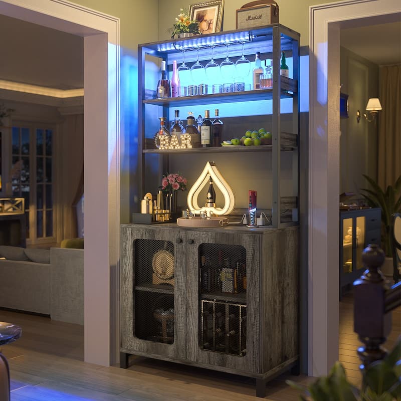 66.9'' Tall Modern Wine Cabinet Bar Cabinet with Wine Glasses Rack and LED Strip and Power Outlets - Dark Grey