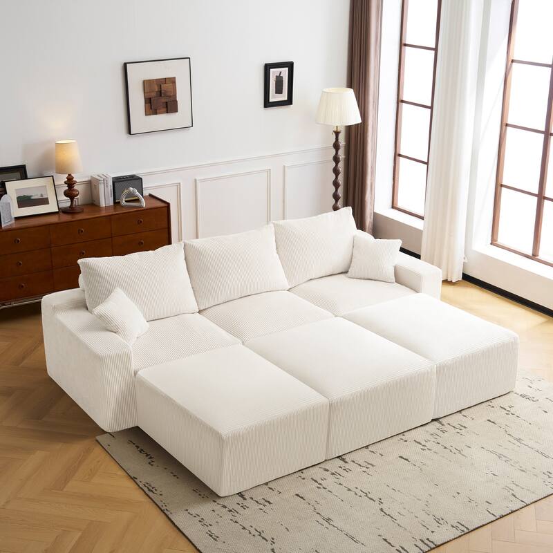 Oversized Floor Sectional Sofa with 3 Ottoman, Convertible Sofa Bed 3-Seater Modular Cloud Couch w/ Chaise for Living Room - Beige
