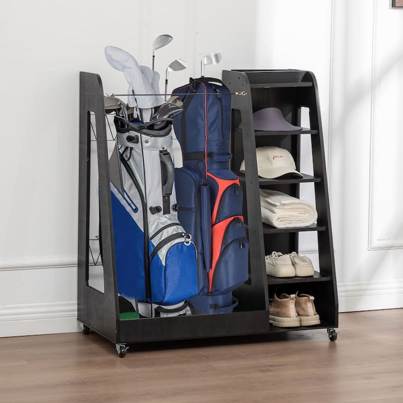 Golf Bag Organizer Rack - Premium 2-Bag Wooden Storage Stand for Garage or Shed - 35.5" L x 18" W x 40" H