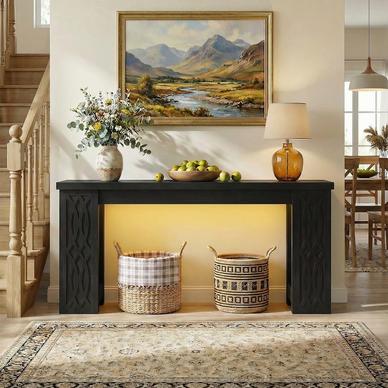 63" Farmhouse Console Table with RGB LED Lights ＆ Power Outlets, Unique Carved Design Entryway Table, Wooden Sofa Table