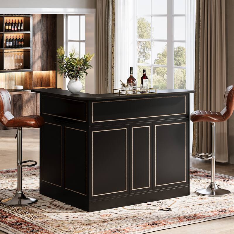 Black Wood L-Shaped Bar Cabinet, 4-Tier Corner Bar - Black