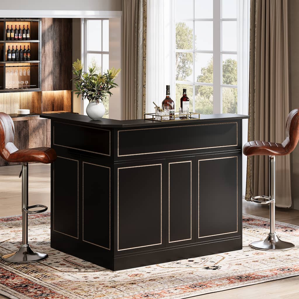 Black Wood L-Shaped Bar Cabinet, 4-Tier Corner Bar