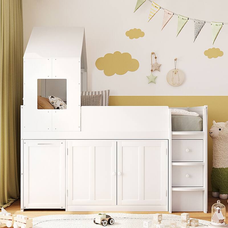 Roomfitters Twin Size House Loft Bed with Rolling Desk, Storage Cabinets and Staircase, All-in-One Space Saving Sleeper