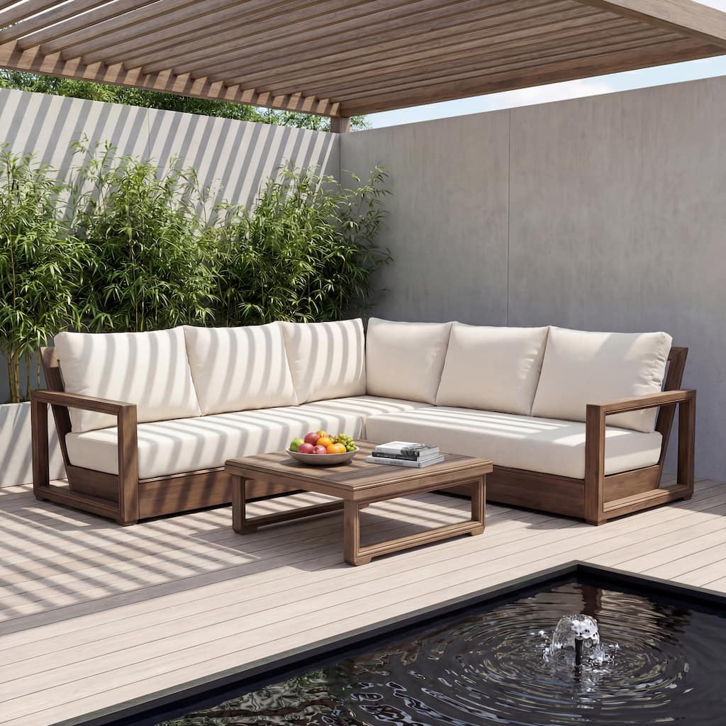 Christopher Knight Home - Outdoor 4-Piece Acacia Wood Patio Conversation Set with Cushions and Slatted Coffee Table