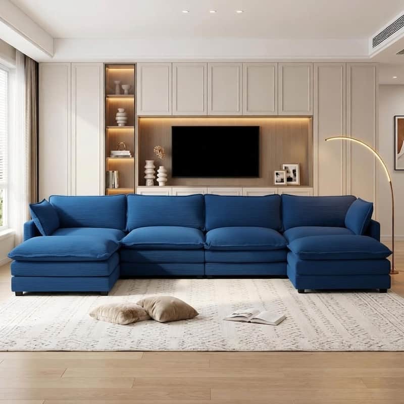 Oversized Modular Corduroy Sectional Sofa Set with Ottoman, 3-Seater / 4-Seater Deep Seat Lounge Couch for Living Room