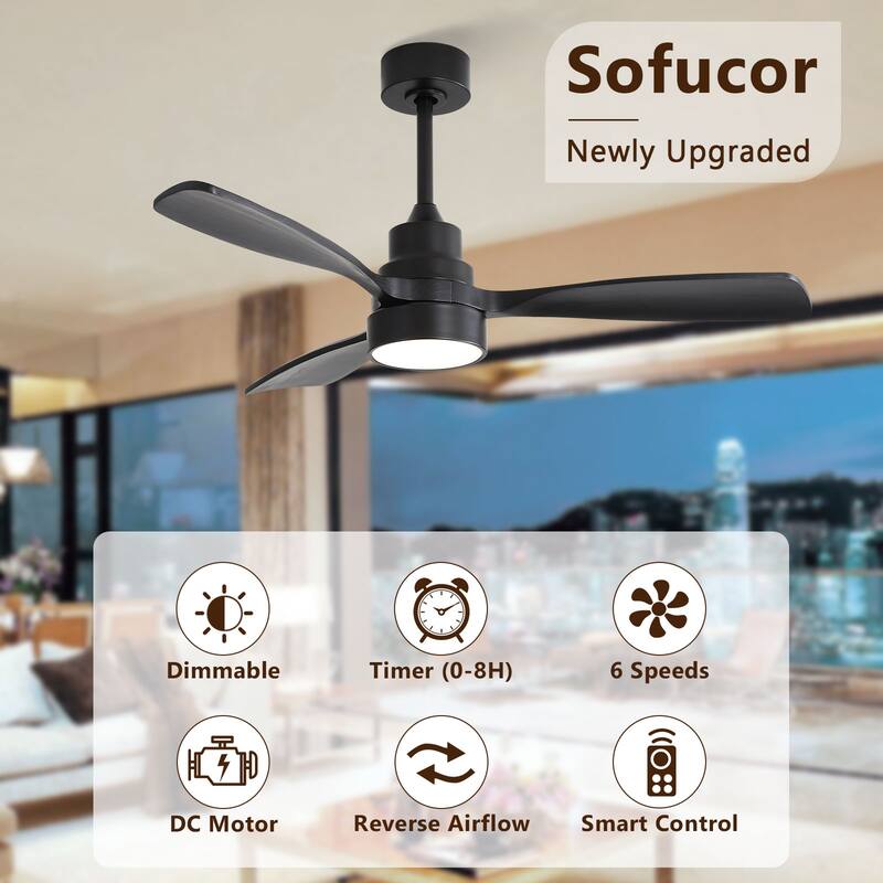 Modern Ceiling Fan With Light Smart Life APP Remote Control Timer For Alexa Google Bedroom Farmhouse - 48inch - Black
