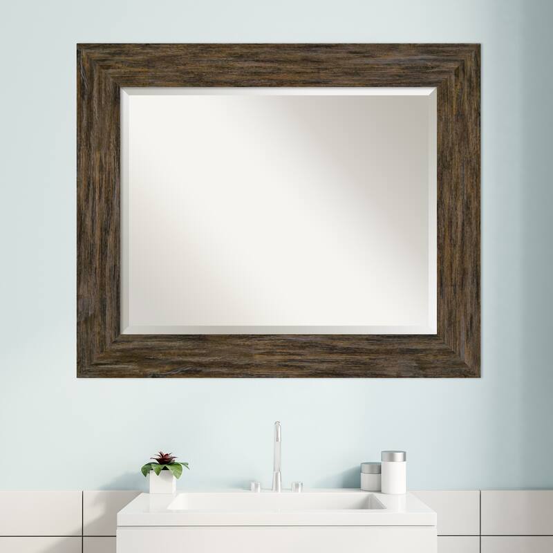 Beveled Wood Bathroom Wall Mirror - Fencepost Brown Frame