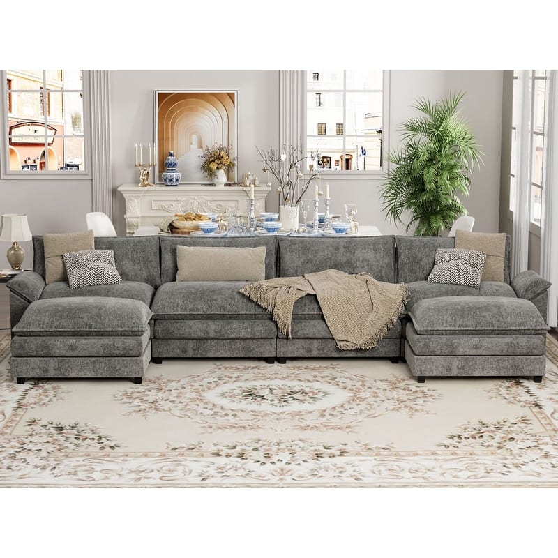 Furniwell 4 Seats U-Shaped Sectional Sofa with 2 Movable Ottomans Modern Fabric Convertible Modular Couch for Living Room