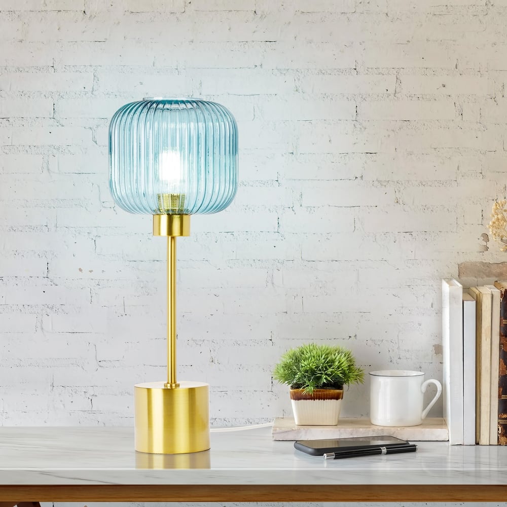 Rowan River of Goods 21.25-Inch Brushed Gold Metal Table Lamp with Glass Shade