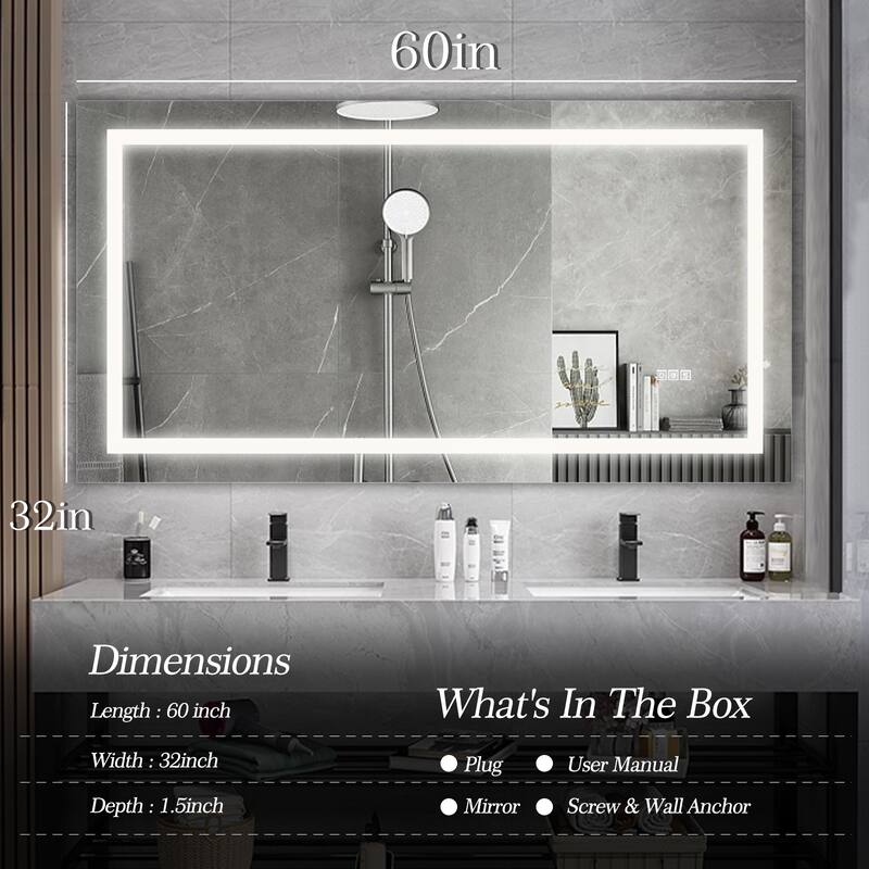 Extra Large LED Lighted Bathroom Mirror Wall Anti-Fog Dimming Led Vanity 48x 36 Inch - LxW:60x32inch