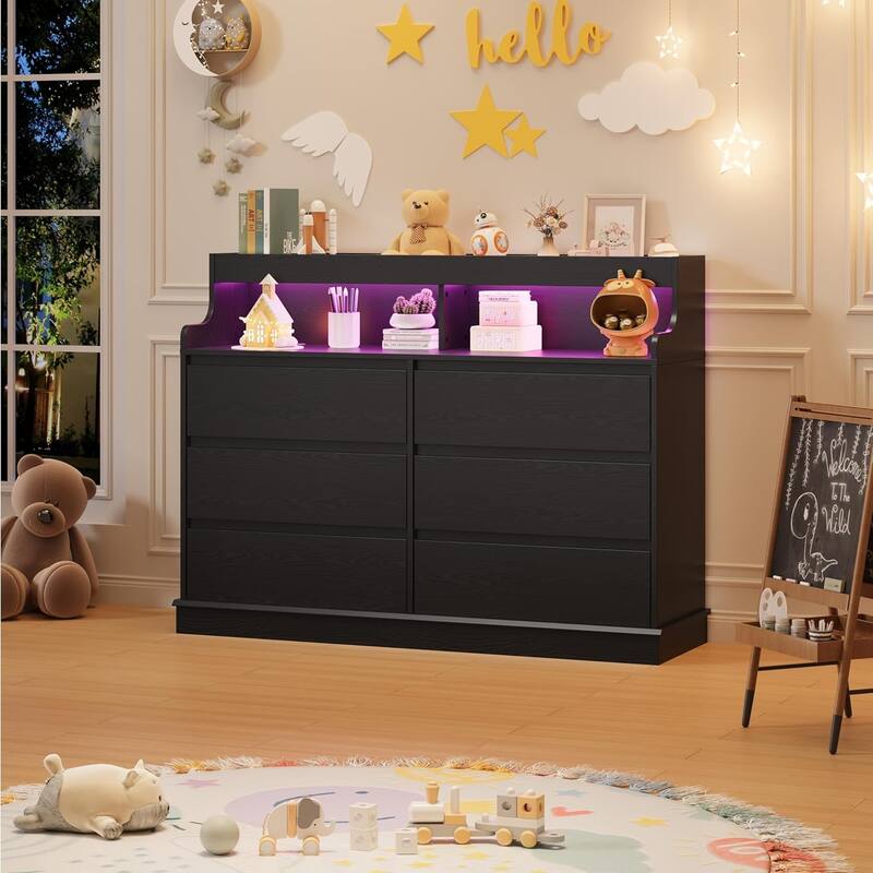 6-Drawer Dresser w/ LED Lights & Charging Station, Wide Storage Cabinet