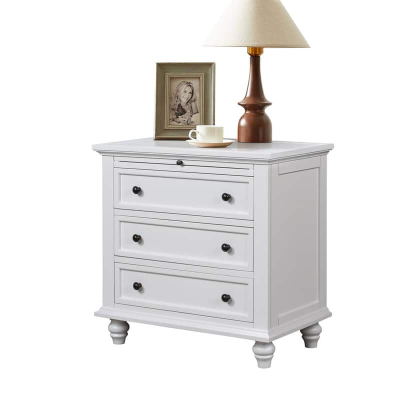 Farmhouse 3-Drawers Wood Nightstands with Pull Out Tray and Solid Wood Legs