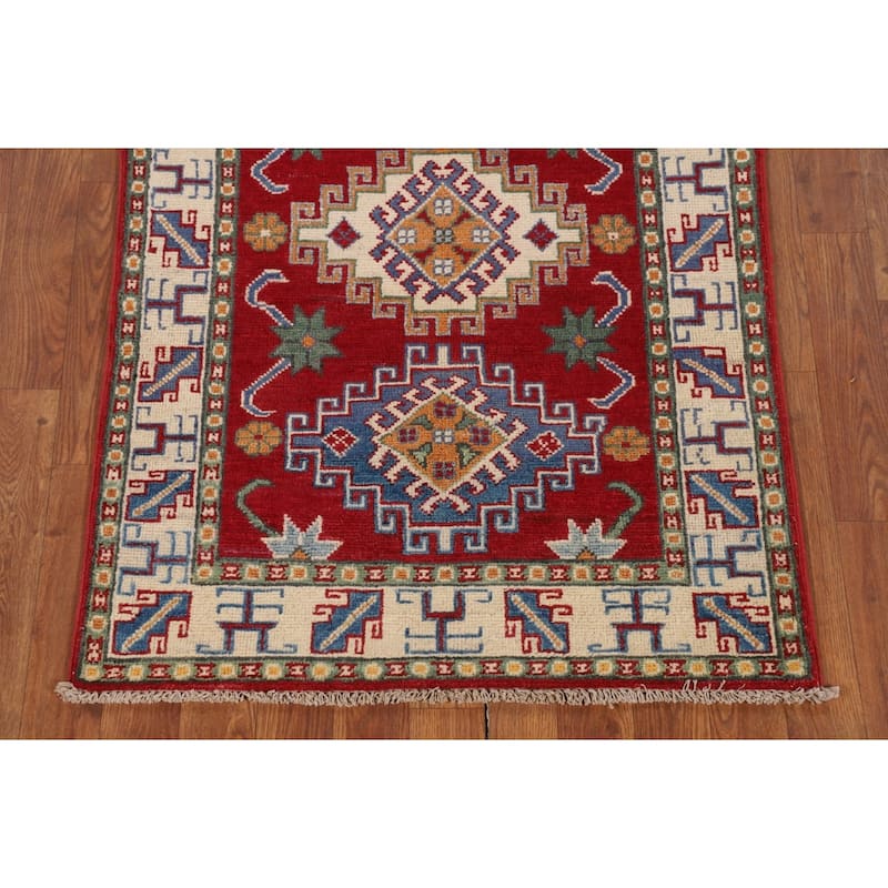 Geometric Red Kazak Accent Rug Hand-Knotted Foyer Wool Carpet - 2'9" x 4'1"