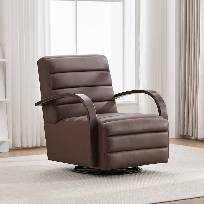 30.3"W Upholstered Swivel Accent Chair with Solid Wood Armrests, Channel Tufted Lounge Chair Single Reading Sofa Chair - Brown-Faux Leather