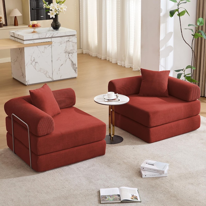 Folding Mattress Lounge Sofa with Corduroy Cushions, Convertible Sofa Bed Sleeper Sofa with Removable Armrests