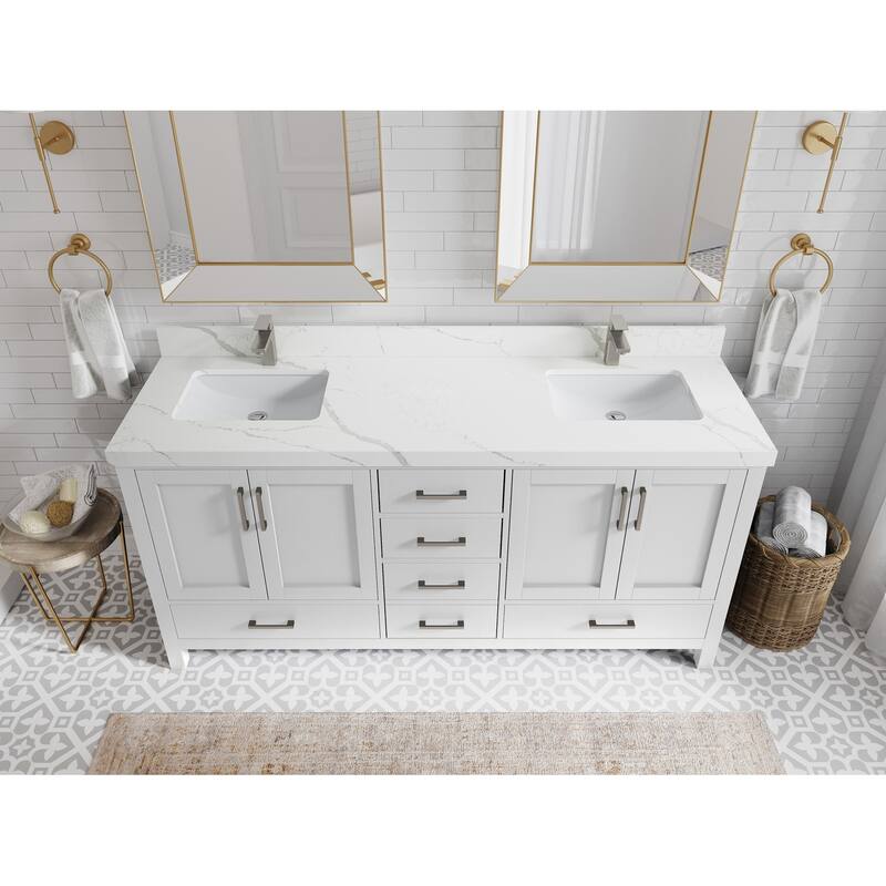 Willow Collection 72 in. W x 22 in. D Malibu Double Sink Bathroom Vanity with Countertop - 2" Calacatta Laza - White