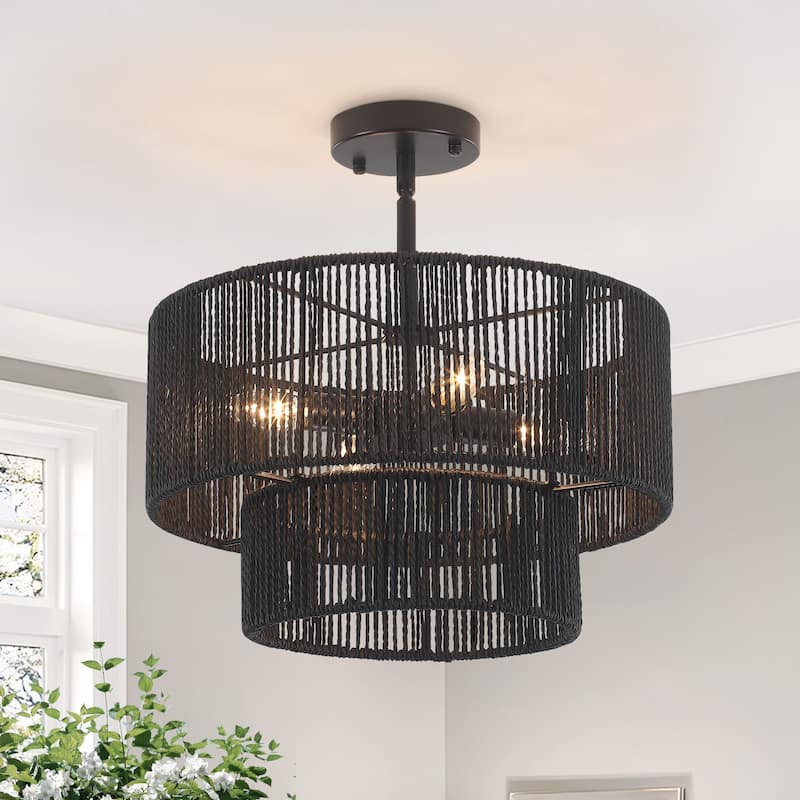 Starsky 4-Light 2-Tier Rattan Semi Flush Mount Ceiling Light