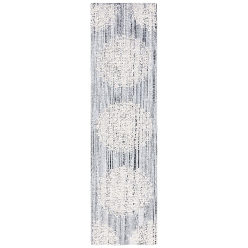 SAFAVIEH Handmade Ebony Satoko Medallion Wool Rug - 2'3" x 9' Runner - Grey/Ivory