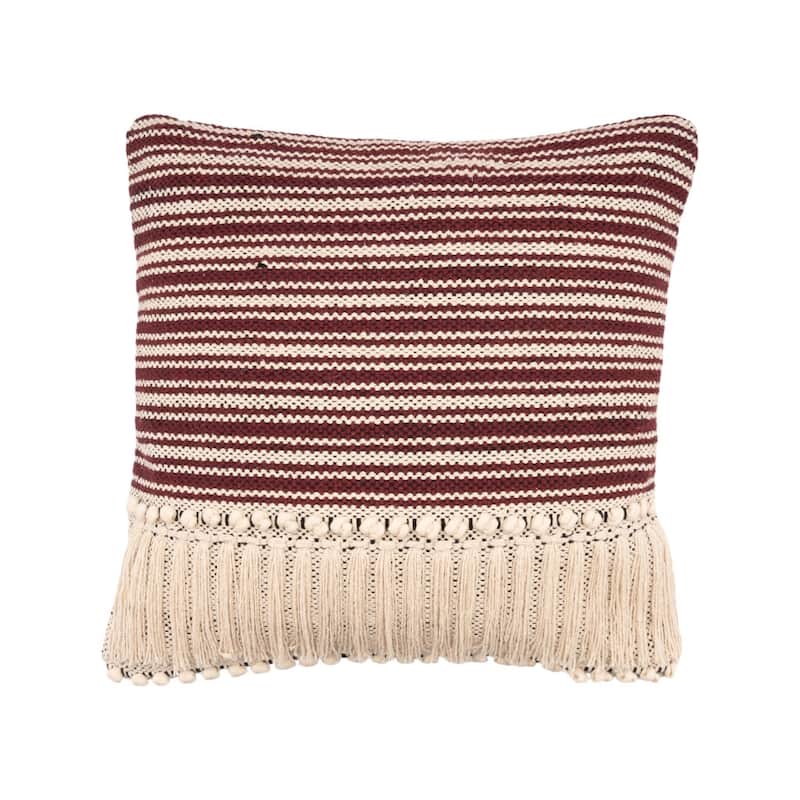 HomeRoots 20" X 20" Maroon Red And Off-White 100% Cotton Striped Zippered Pillow
